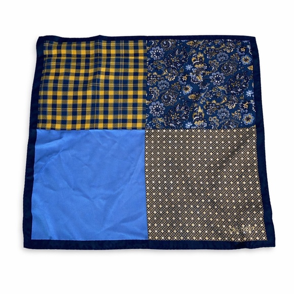 Daniel Cremieux Other - Daniel Cremieux Silk Pocket Square Blue Gold Patchwork Handkerchief Multi Wear